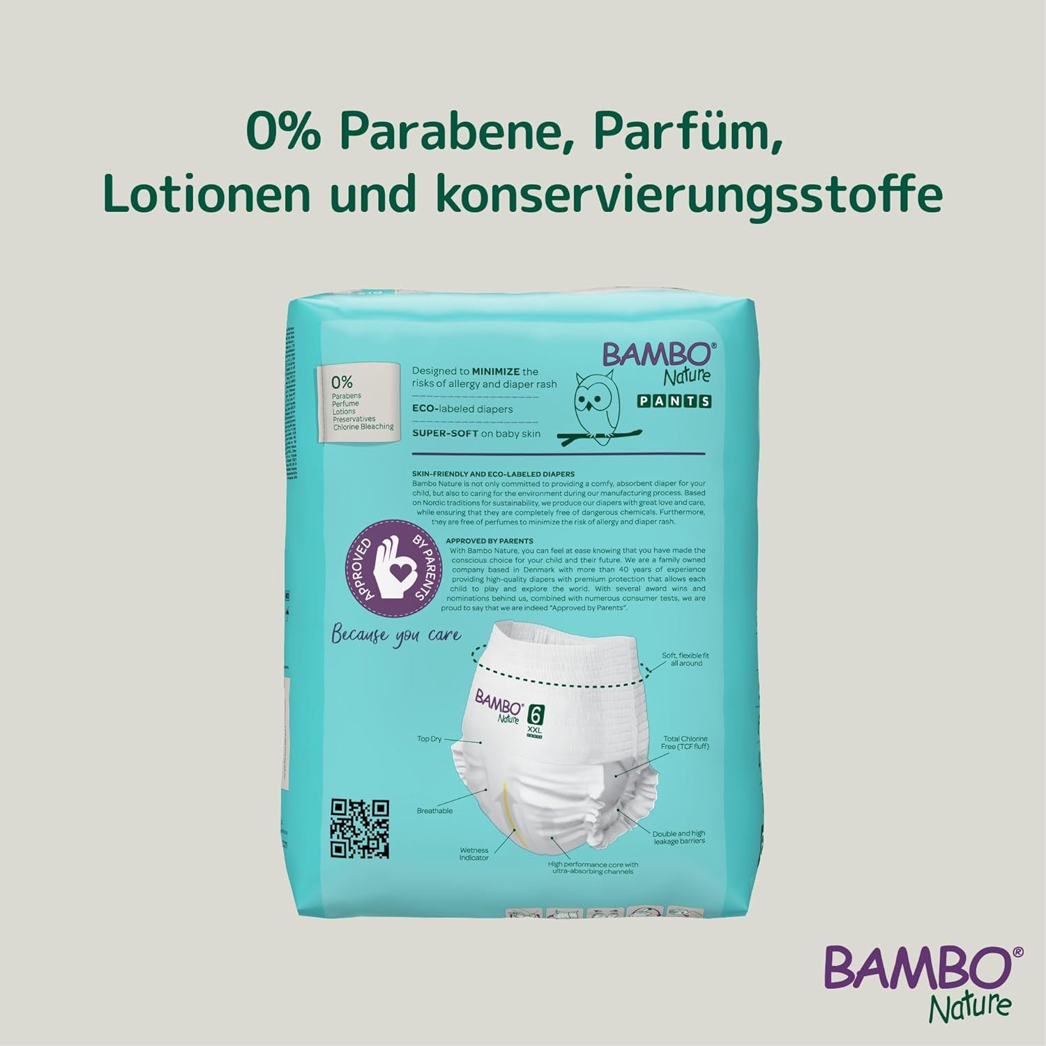 Rückseite der BAMBO Nature Pants XXL Größe 6 Verpackung. Text: 0% Parabene, Parfüm, Lotionen und Konservierungsstoffe. BAMBO Nature Logo.