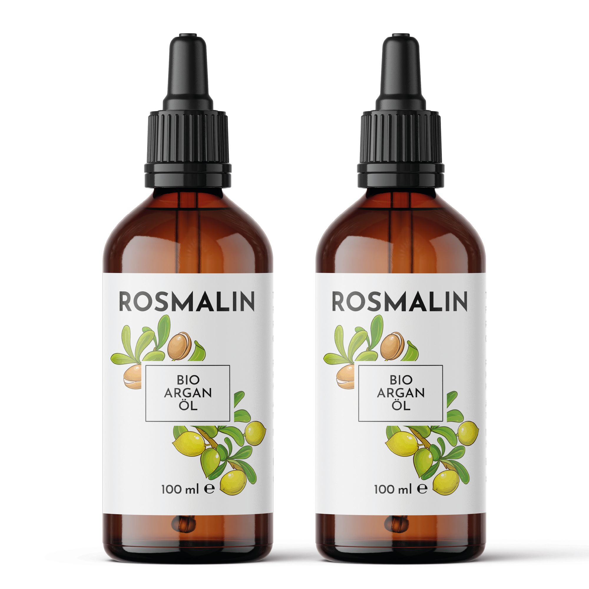 Zwei braune Flaschen mit Etikett. Text: Rosmalin Bio Arganöl. 100 ml.