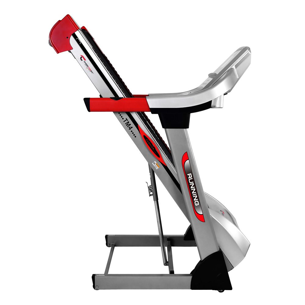 Laufband CHRISTOPEIT SPORT TM 4. Grau-rot. Konsole, Handläufe. Schwarze Lauffläche. Aufgestellte Position. Seitenansicht.