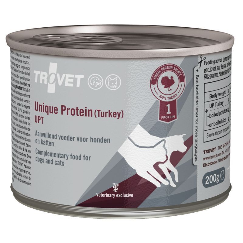 Konservendose mit Produktbezeichnung "Unique Protein (Turkey) UPT" für Hunde und Katzen. Veterinärprodukt.