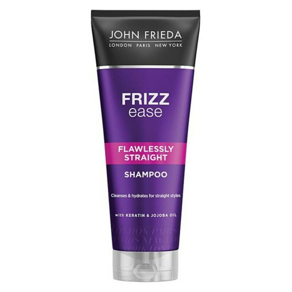 Violette Tube mit schwarzem Deckel. Schriftzug: John Frieda, Frizz Ease, Flawlessly Straight Shampoo. Enthält Keratin & Jojobaöl.