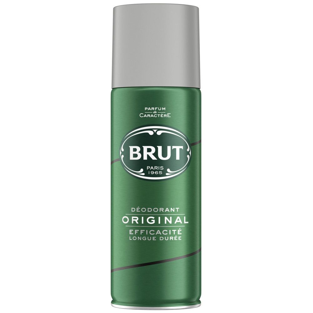 Grünes Deodorant-Spray mit silbernem Deckel. Aufschrift "BRUT", "ORIGINAL DEODORANT". Marke "BRUT PARFUMS PRESTIGE PARIS 1965".