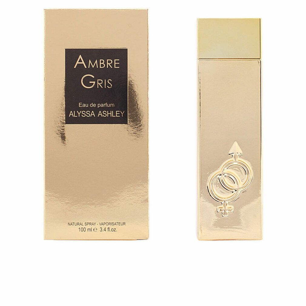 Goldfarbener Flakon und Verpackung. Aufschrift "Ambre Gris", "Alyssa Ashley". Flakon mit Symbolen.