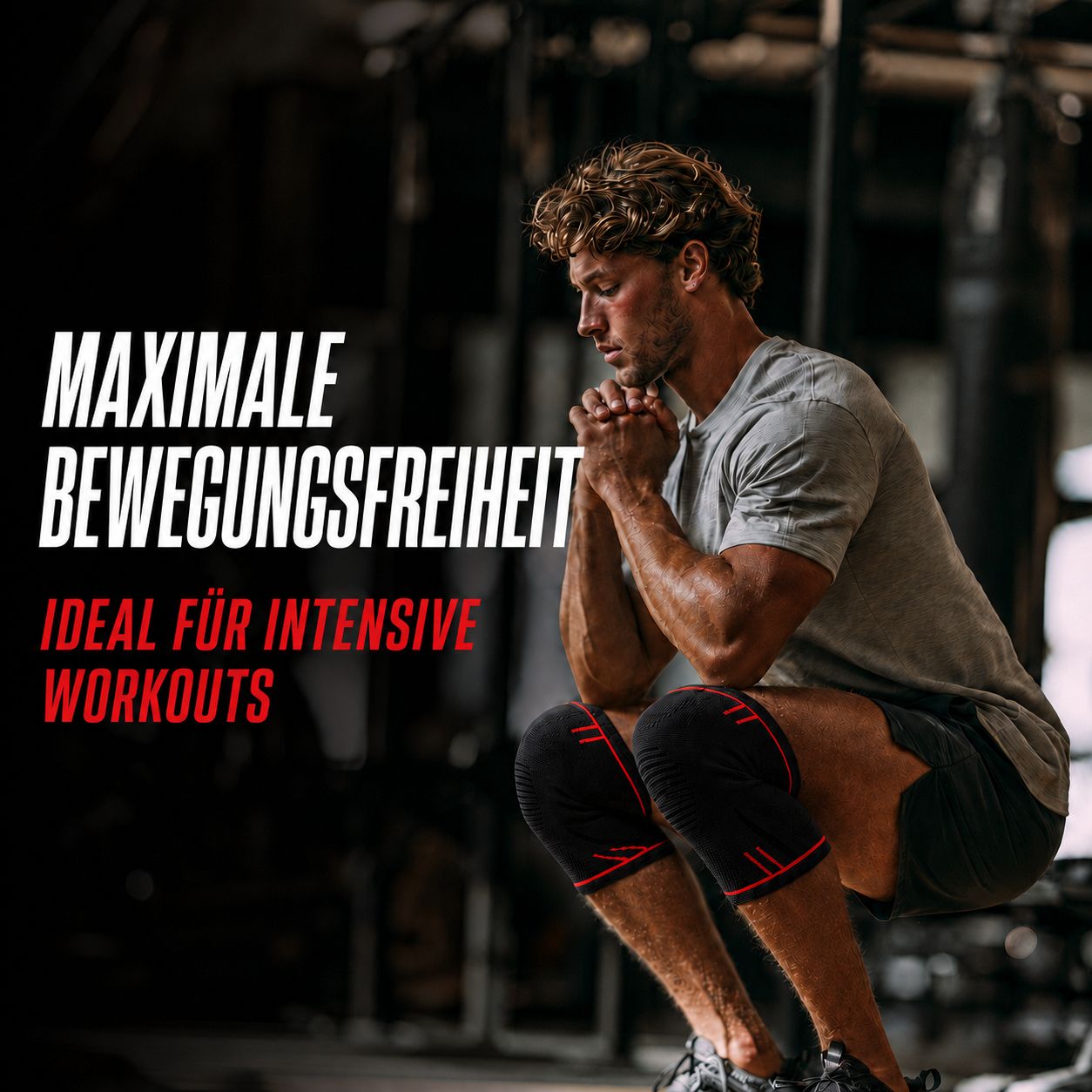 Ein Mann macht Kniebeugen im Fitnessstudio, trägt Kniebandagen mit roten Akzenten.