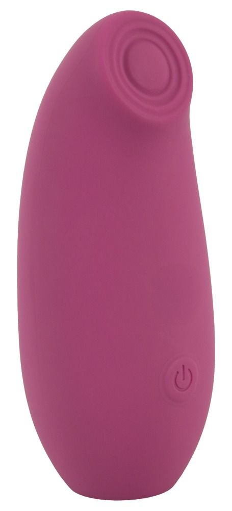 Rosa Stimulator mit geriffeltem Kopf und Ein-/Ausschalter. Ovale Form.