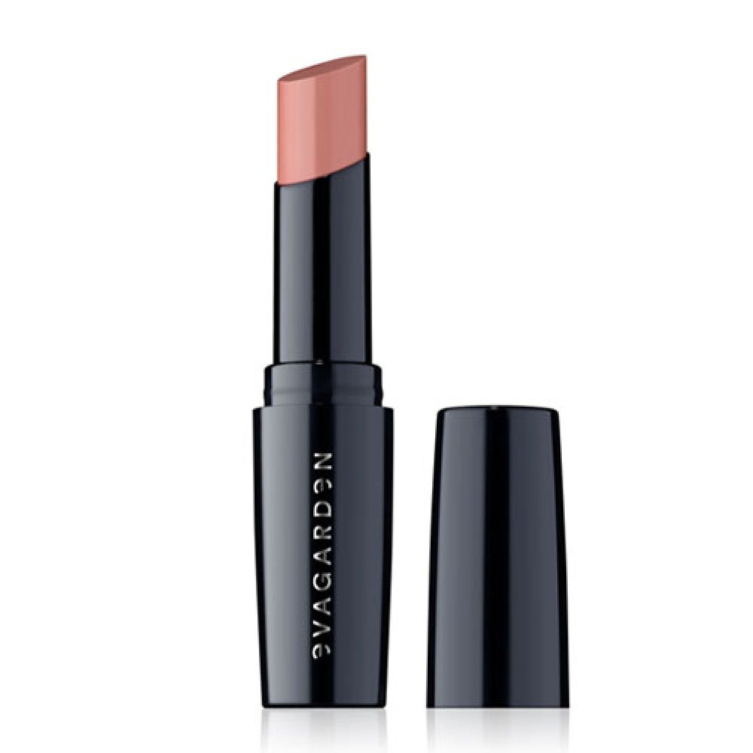 Lippenstift, geöffnet, schwarze Hülse, rosafarbene Spitze. Aufschrift: EVAGARDEN.