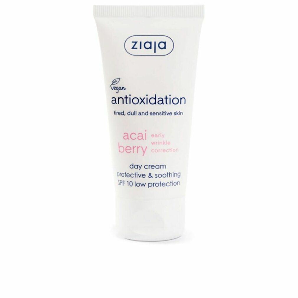 Weiße Tube mit Ziaja-Logo und Text: antioxidative Tagescreme mit Acai-Beere, SPF 10. Für müde, fahle und empfindliche Haut.