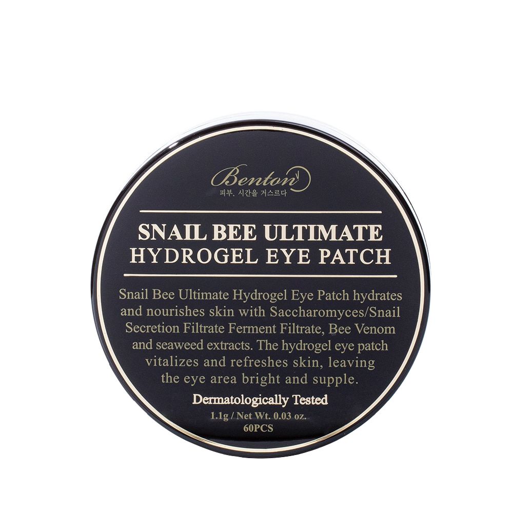 Runde, schwarze Dose mit goldfarbener Schrift. Aufschrift: Snail Bee Ultimate Hydrogel Eye Patch. Dermatologisch getestet.