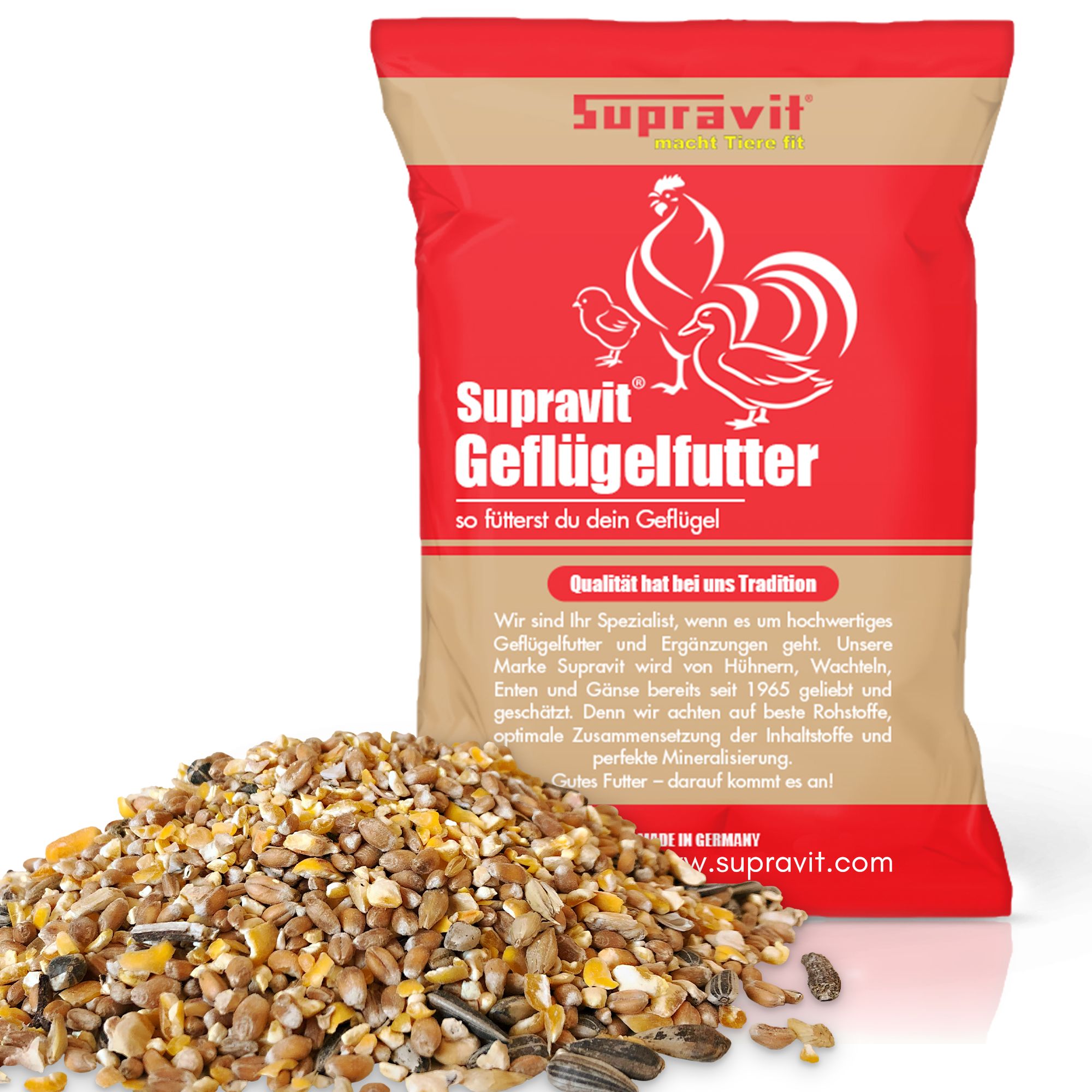 Verpackung von Geflügelfutter. Text: Supravit Geflügelfutter. Qualität hat bei uns Tradition. Logo: Supravit. Text: Hergestellt in Deutschland.