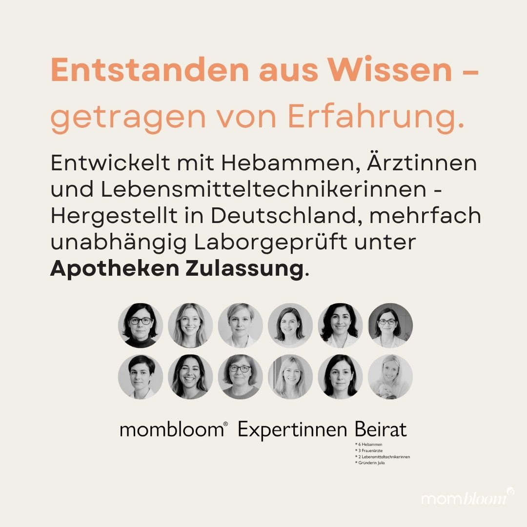 Textabschnitte mit Informationen zu Experten. mombloom® Logo. Porträts von Frauen.