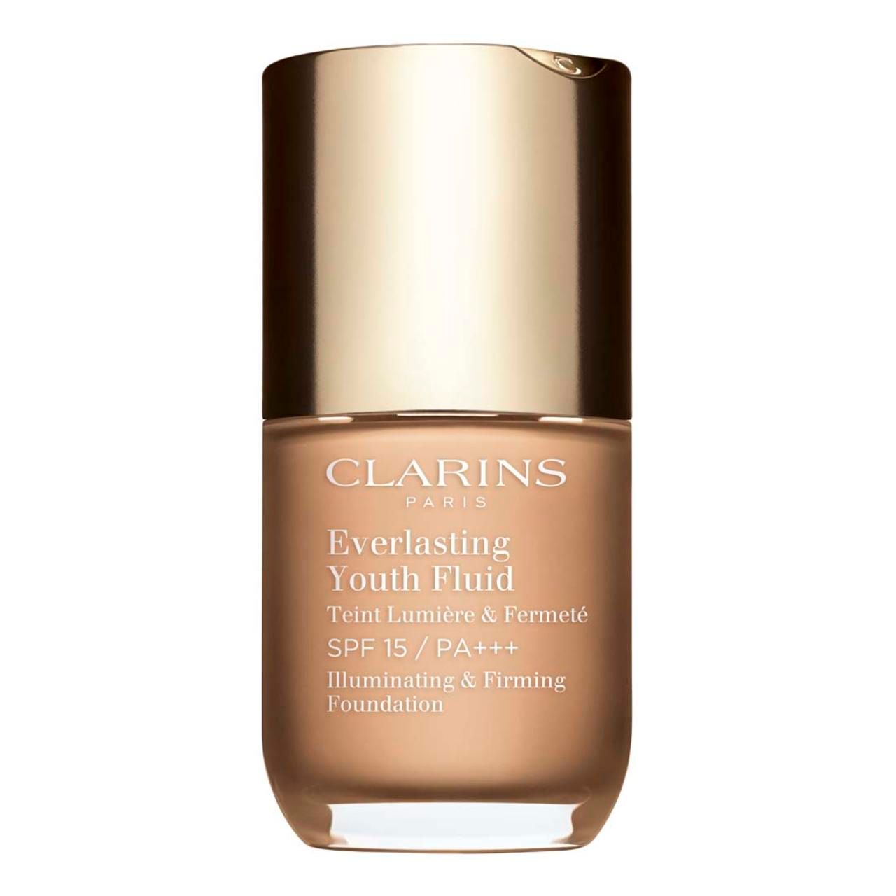 Clarins Everlasting Youth Fluid. Flasche mit goldfarbenem Deckel und beigefarbener Flüssigkeit. Text: SPF 15, Illuminating & Firming Foundation.