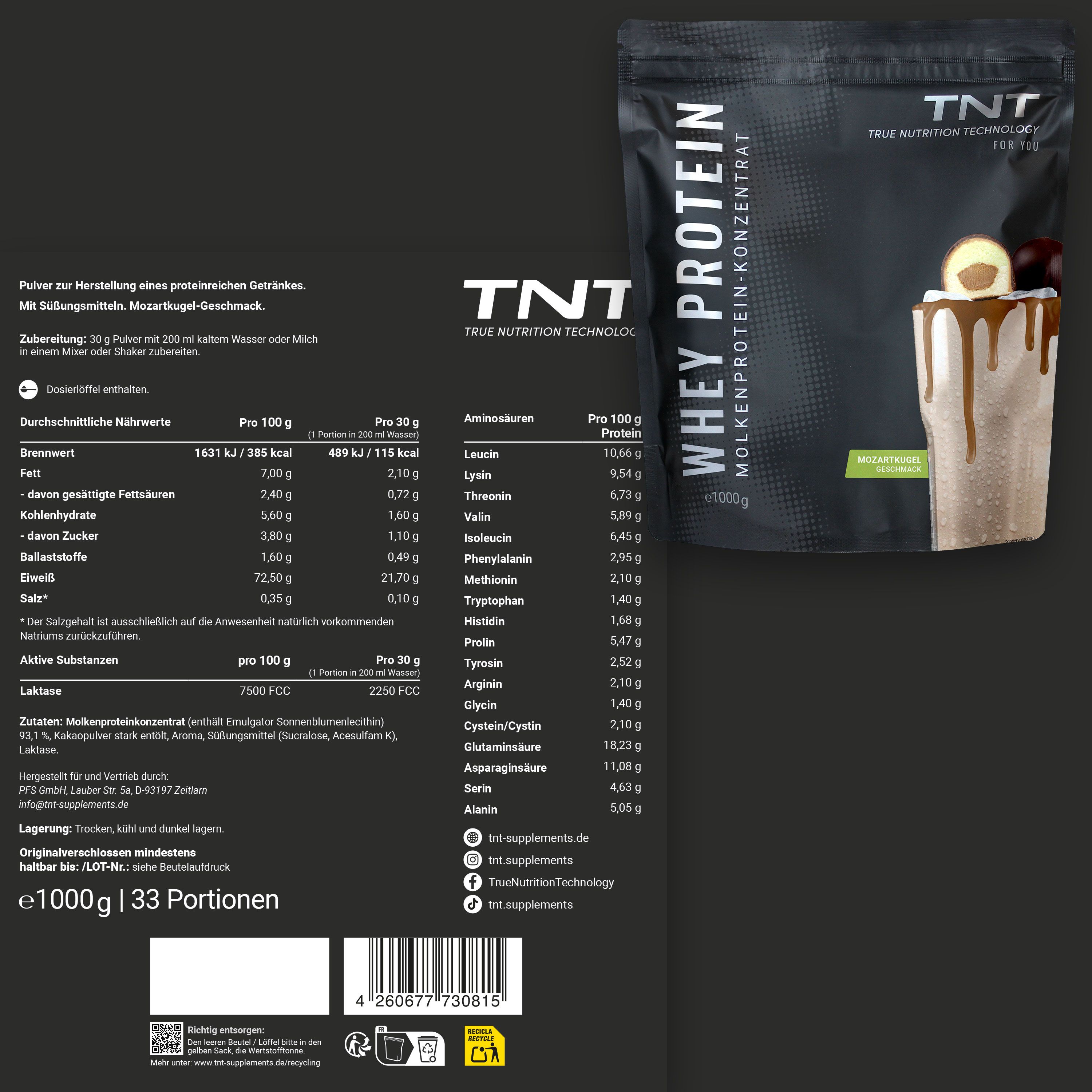 TNT Whey Protein Konzentrat Packung und Nährwerttabelle. Produktbezeichnung und Logo deutlich sichtbar. 1000g, 33 Portionen.