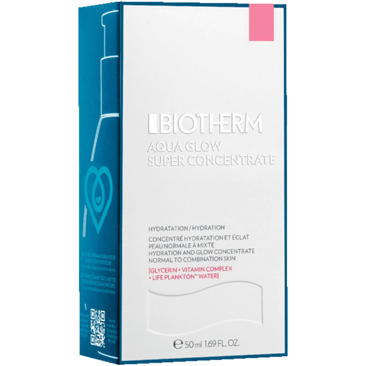 Blau-weiße Verpackung. BIOTHERM Aqua Glow Super Concentrate. Text: Hydratation, 50ml, 1.69 FL. OZ.