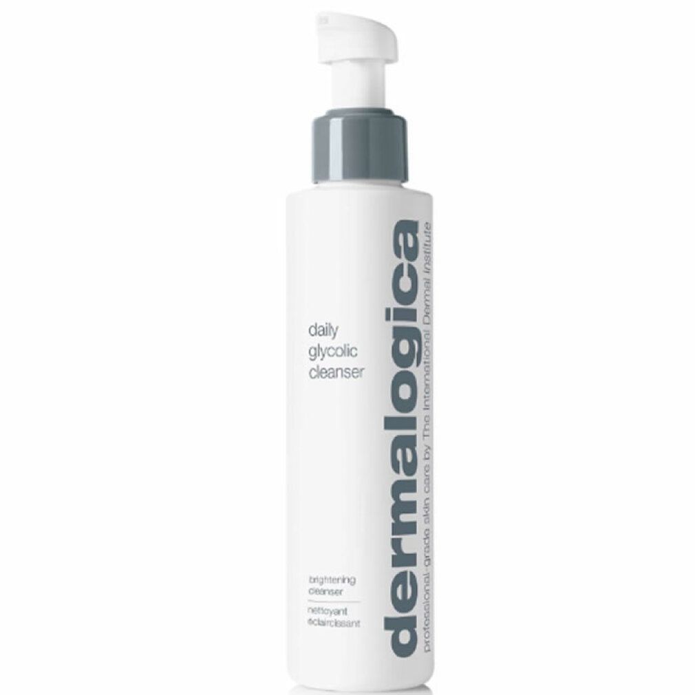 Weiße Flasche mit Pumpe. Aufschrift: dermalogica, daily glycolic cleanser.