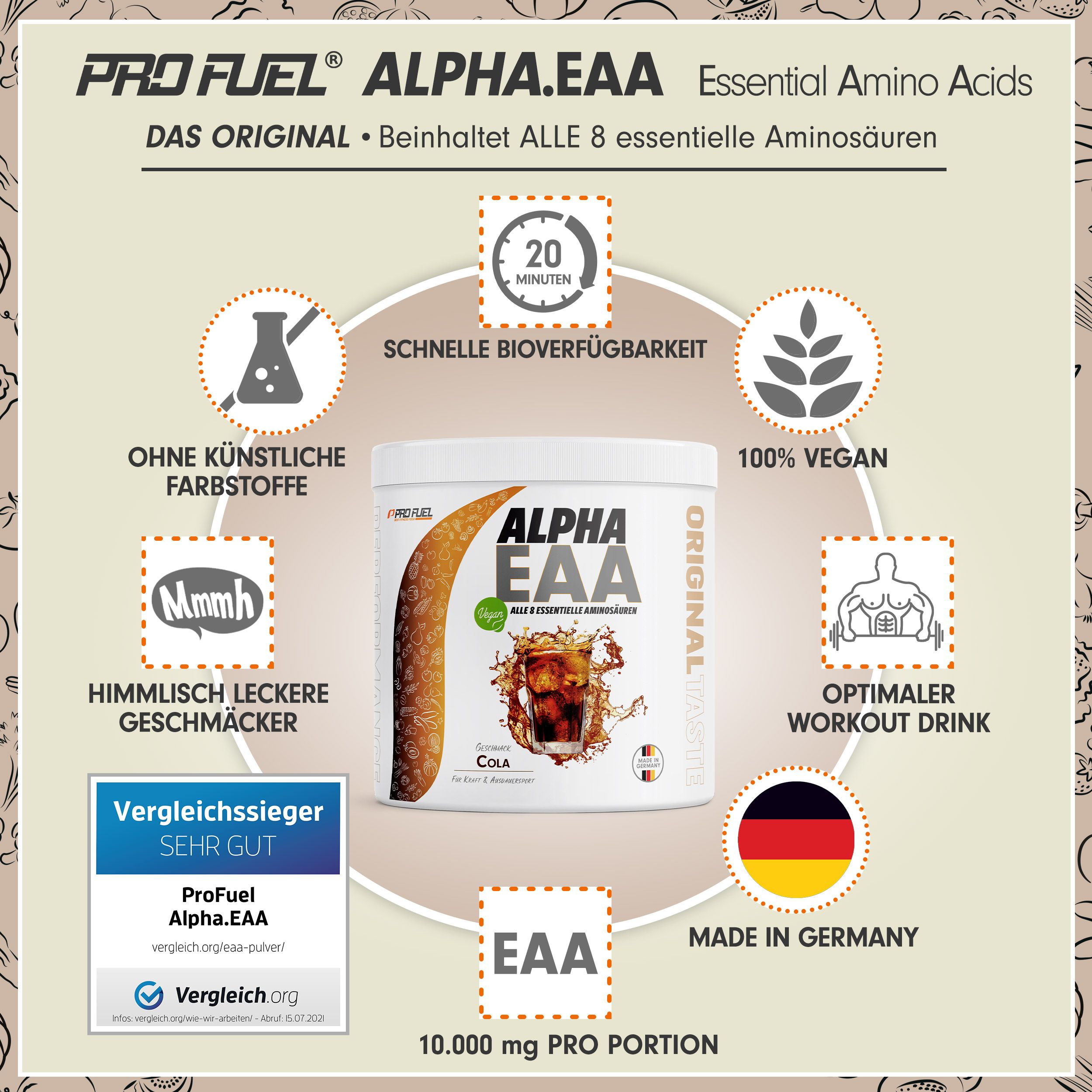 ProFuel - Alpha.EAA Pulver - Cola - optimal hochdosiert, Made in Germany, 100% vegan