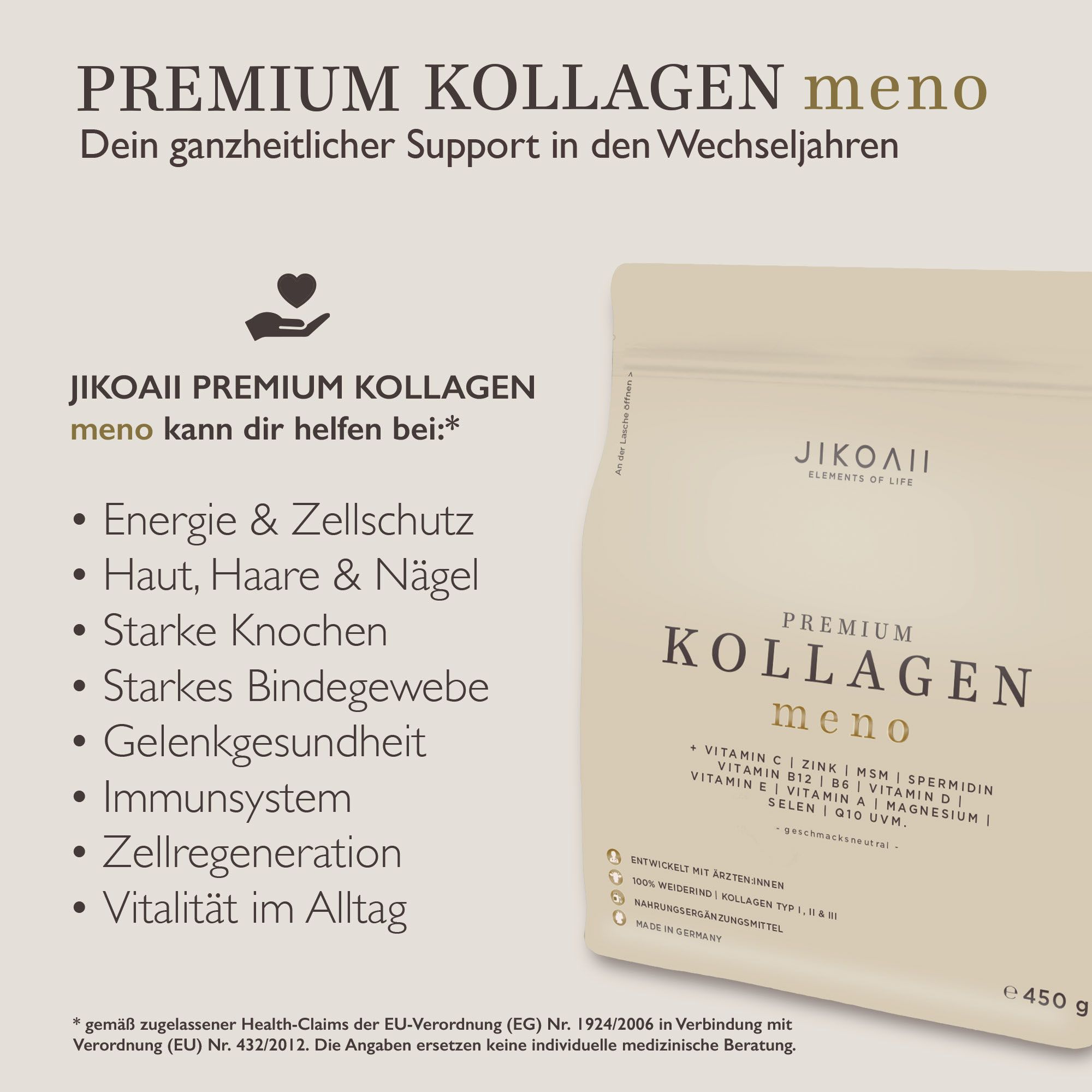 JIKOAII Kollagenpulver MENO - Kollagen mit Coenzym Q10, Zink, Spermidin & MSM - Menopausekomplex