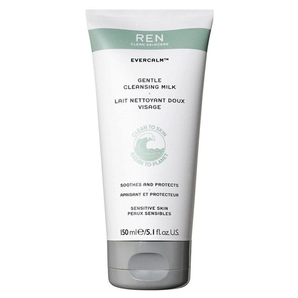 Weiß-grüne Tube mit Produktbezeichnung und Text. Aufschrift: EVERCALM Gentle Cleansing Milk. 150 ml.