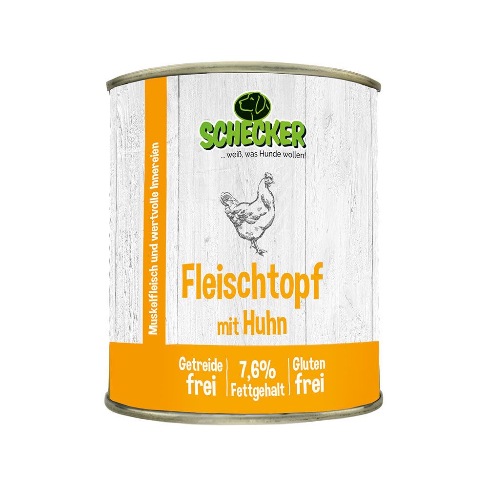 Schecker Fleischtopf mit Huhn. Dose mit Huhn-Illustration. Getreide-, glutenfrei. 7,6% Fettgehalt. Weiß-orangefarbenes Design.