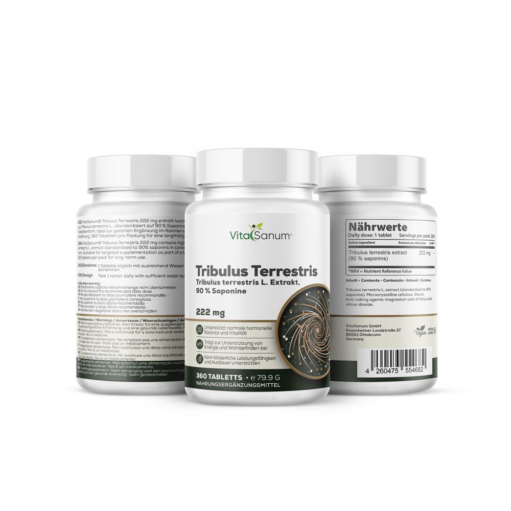 Drei weiße Flaschen VitaSanum Tribulus Terrestris. Aufschrift: 222 mg, 90% Saponine. 360 Tabletten. Nahrungsergänzungsmittel.