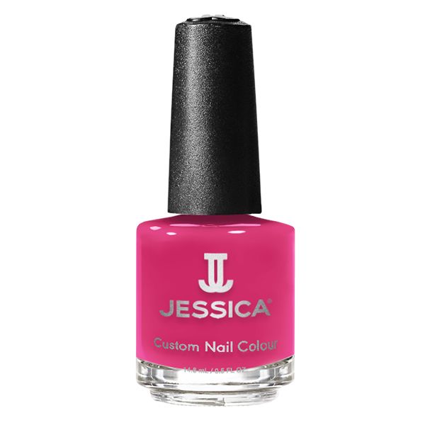Rosa Nagellackflasche mit schwarzem Deckel. Auf der Flasche steht "JESSICA Custom Nail Colour".