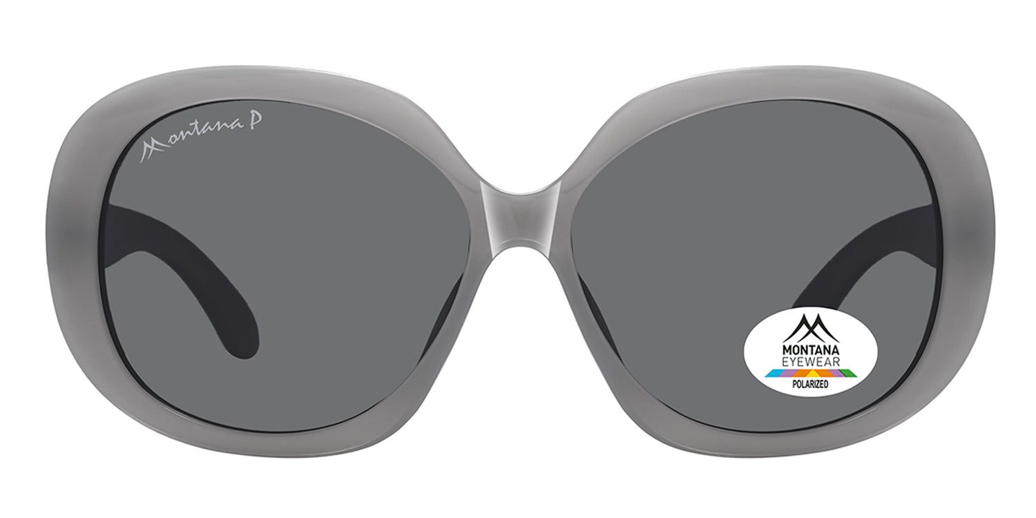 Graue Sonnenbrille mit dunklen Gläsern. Montana Eyewear Logo und Polarisations-Aufkleber. Runde Form, breiter Rahmen.