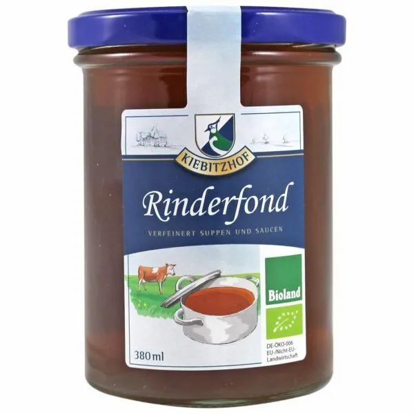 Glas mit Rinderfond. Blaues Schraubglas, Etikett mit Logo, Schriftzug Rinderfond, Illustration einer Kuh und Topf. Bioland-Siegel.