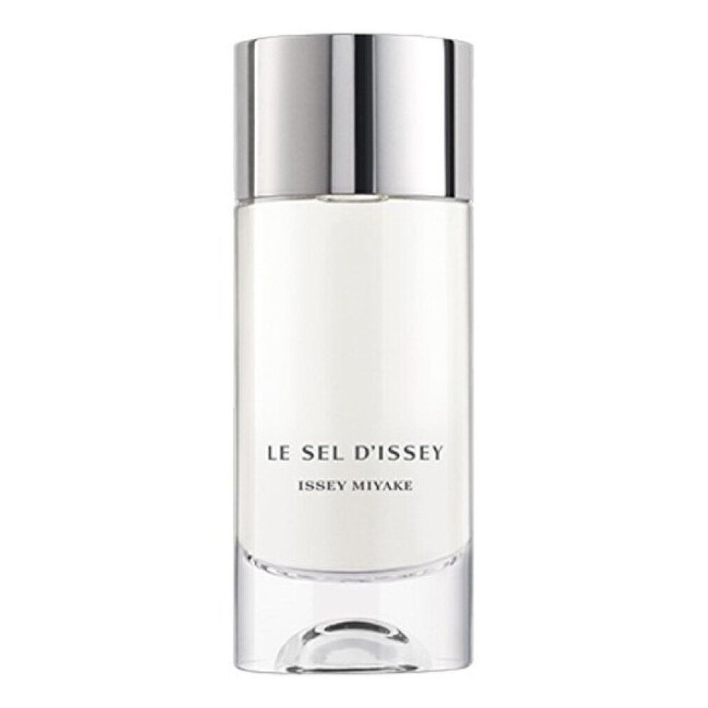 Le Sel d'Issey Flakon. Weißes Flakon mit silbernem Deckel. Aufschrift: Le Sel d'Issey, Issey Miyake.