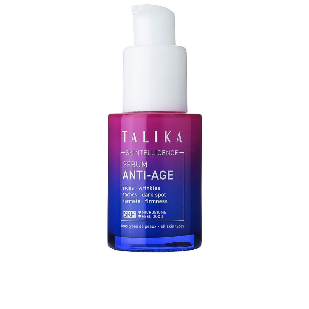 Flasche mit weißem Pumpkopf. Aufschrift: Talika Skintelligence Serum Anti-Age. Für alle Hauttypen.