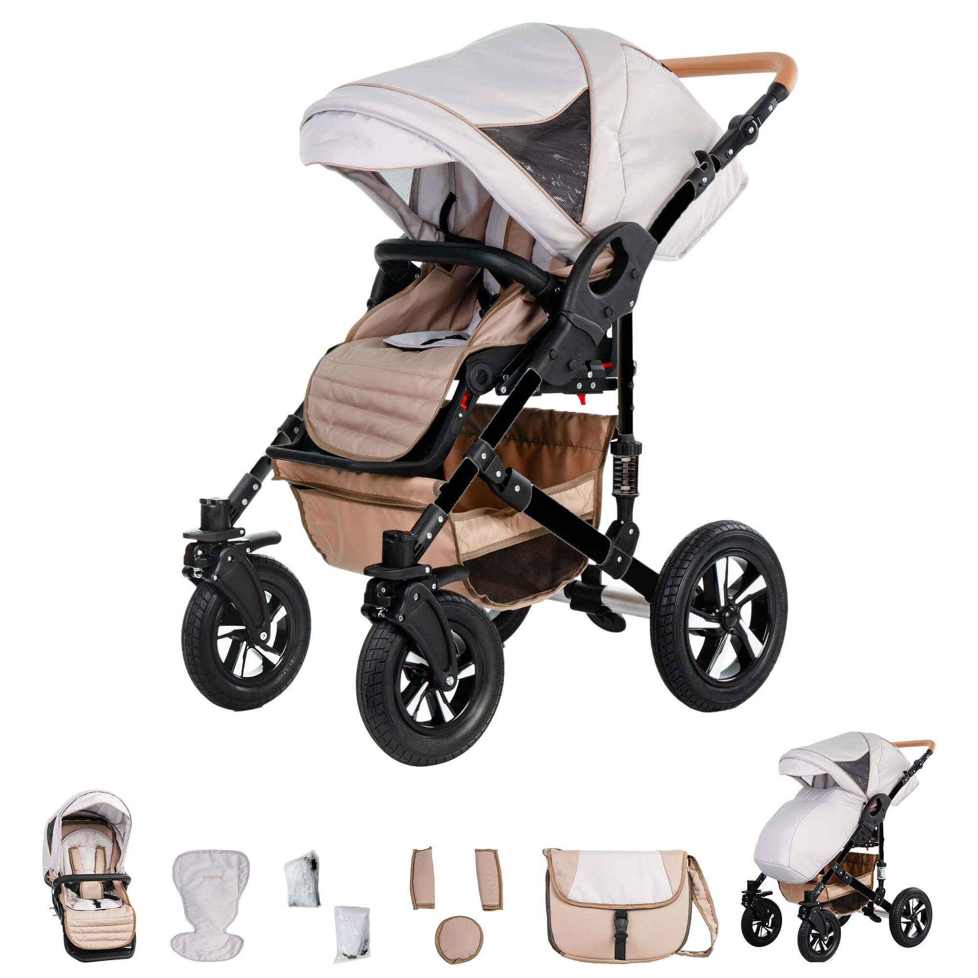 Kinderwagen-Set, Creme & Beige. Sportsitz, Zubehör. Schwarzes Gestell, Luftreifen. Beige Tasche.