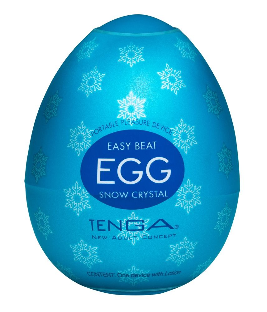 Blaues Ei mit Schneeflockenmuster. Text: 'EASY BEAT EGG SNOW CRYSTAL' und 'TENGA'.