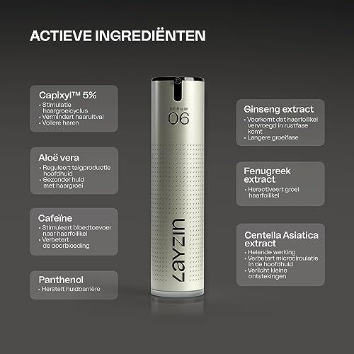 LAYZIN Serum 06. Product met ingrediënten. Op witte achtergrond.