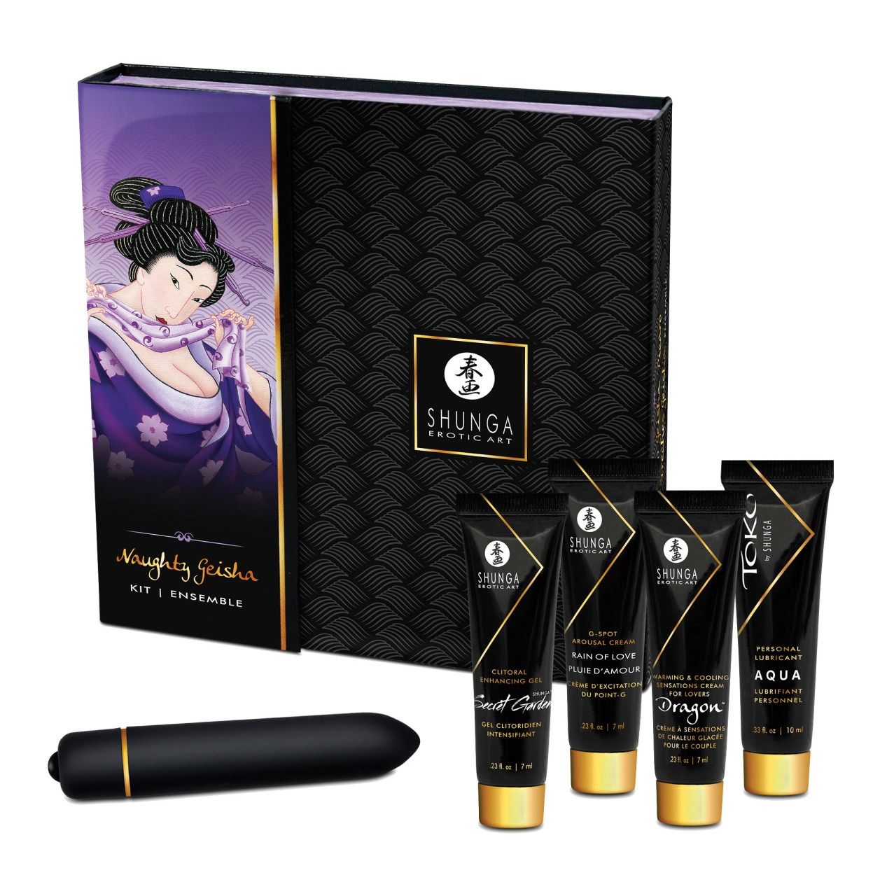 Geschenkbox mit Geisha-Illustration. Enthält Vibrator, Tuben und eine Tube. Schwarze Verpackung mit goldenen Akzenten.