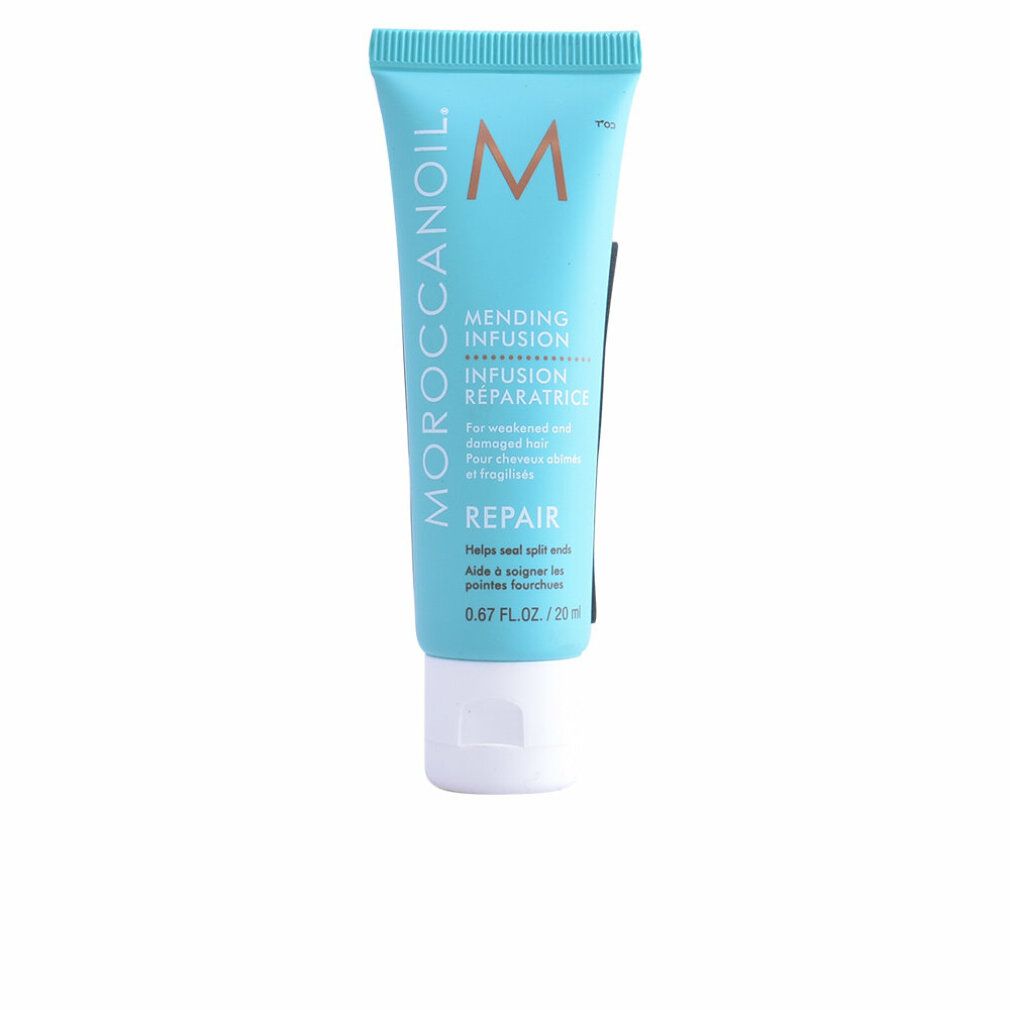 Türkisfarbene Tube mit weißem Verschluss. Aufschrift: MOROCCANOIL, Mending Infusion, Repair. 0.67 FL.OZ./20 ml. Schwarzer Aufkleber.