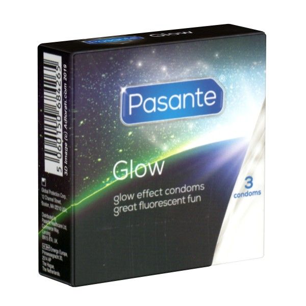 Schachtel mit 'Pasante Glow' Kondomen. Enthält 3 Kondome. Text: 'glow effect condoms great fluorescent fun'.