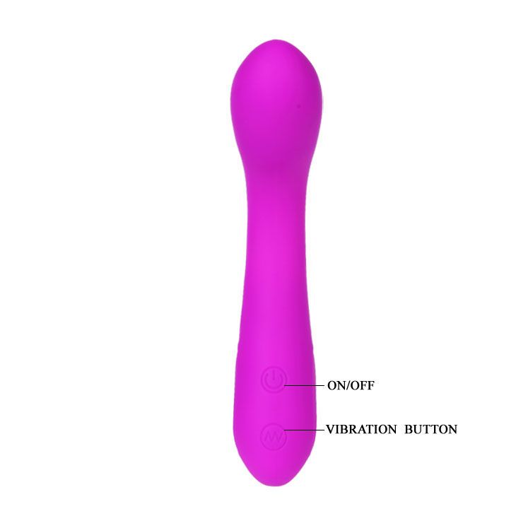 Lila Massager mit zwei Knöpfen: ON/OFF und Vibration. Vertikale Ansicht.