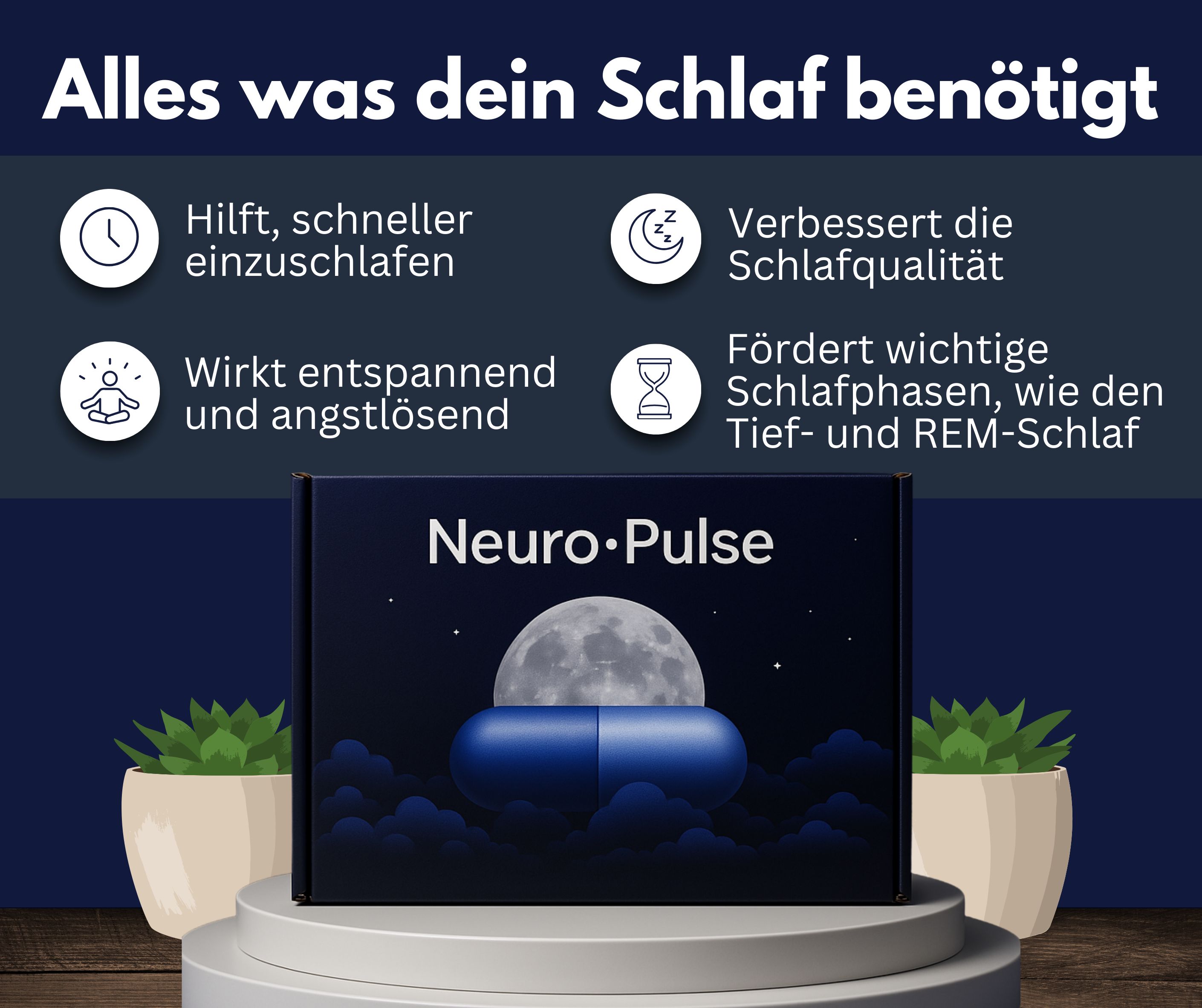 Box mit Logo und Mond-Design. Text: Alles was dein Schlaf benötigt. Grafiken: Uhr, Mond, Person, Sanduhr. Zwei Topfpflanzen.