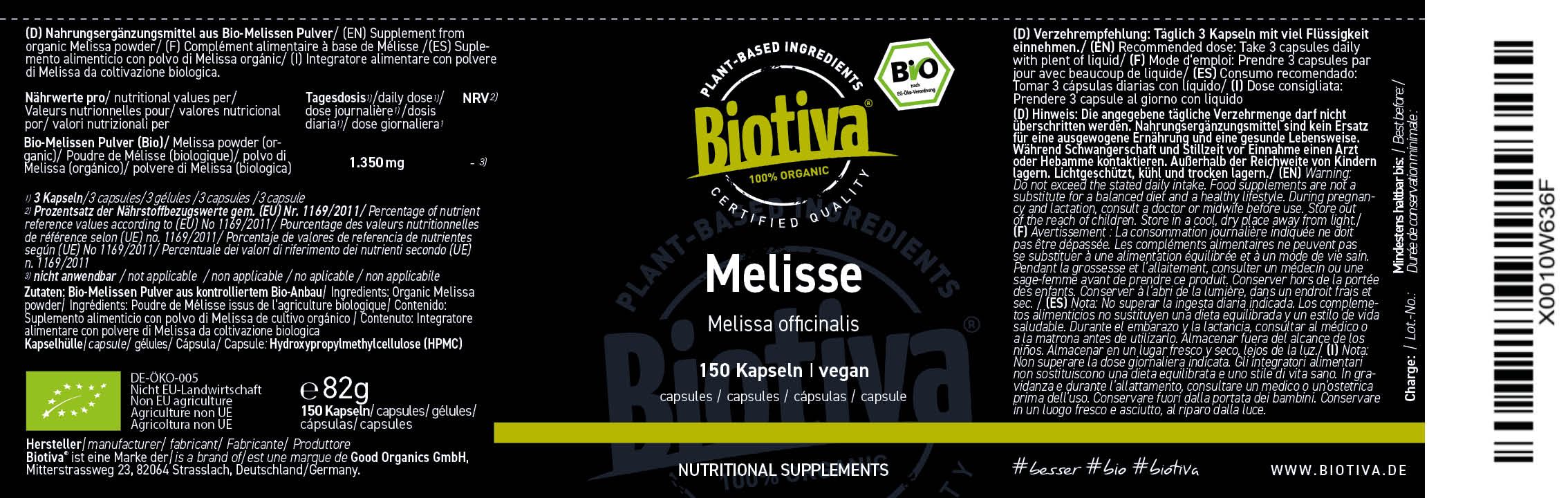 Biotiva Melissen Kapseln Bio 82 g