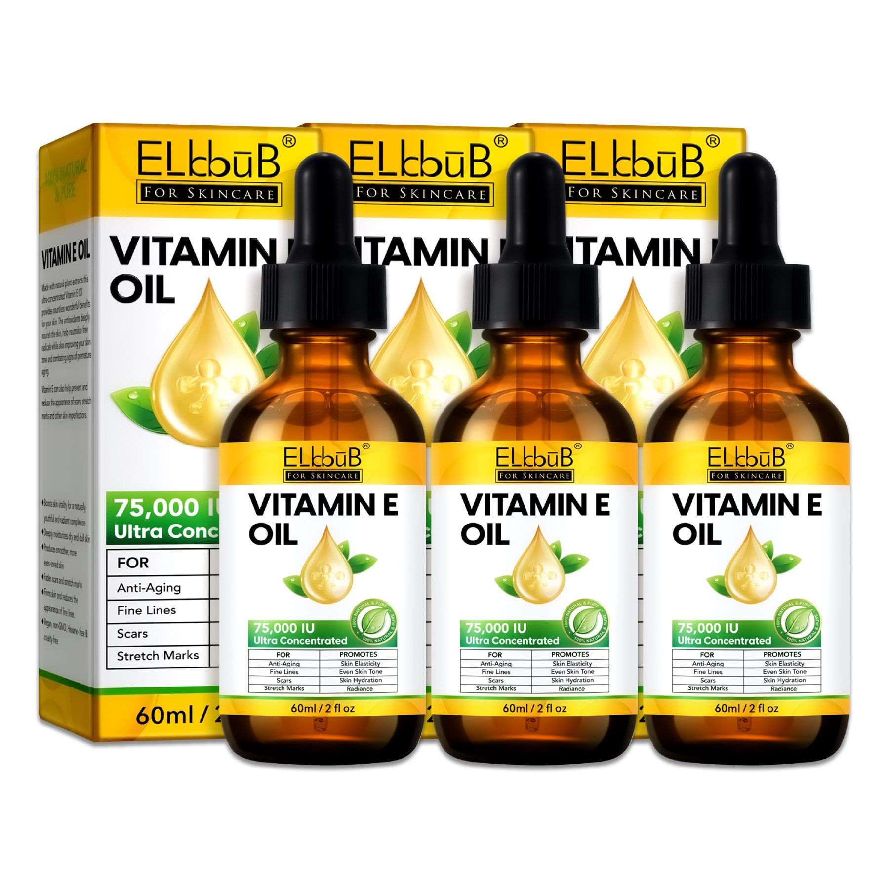 Drei Flaschen Vitamin E Öl für die Hautpflege, jeweils 60ml, mit Pipettenverschluss.