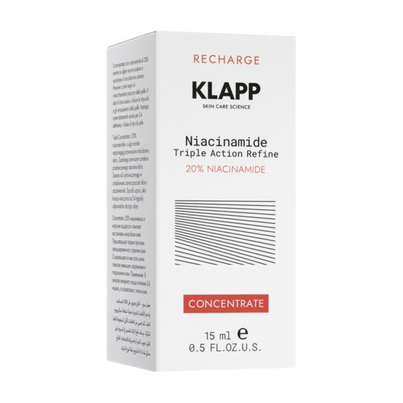 Klapp Recharge Niacinamide Konzentrat in Verpackung. Weiße Schachtel mit Produktnamen und 20% Niacinamid. 15 ml.