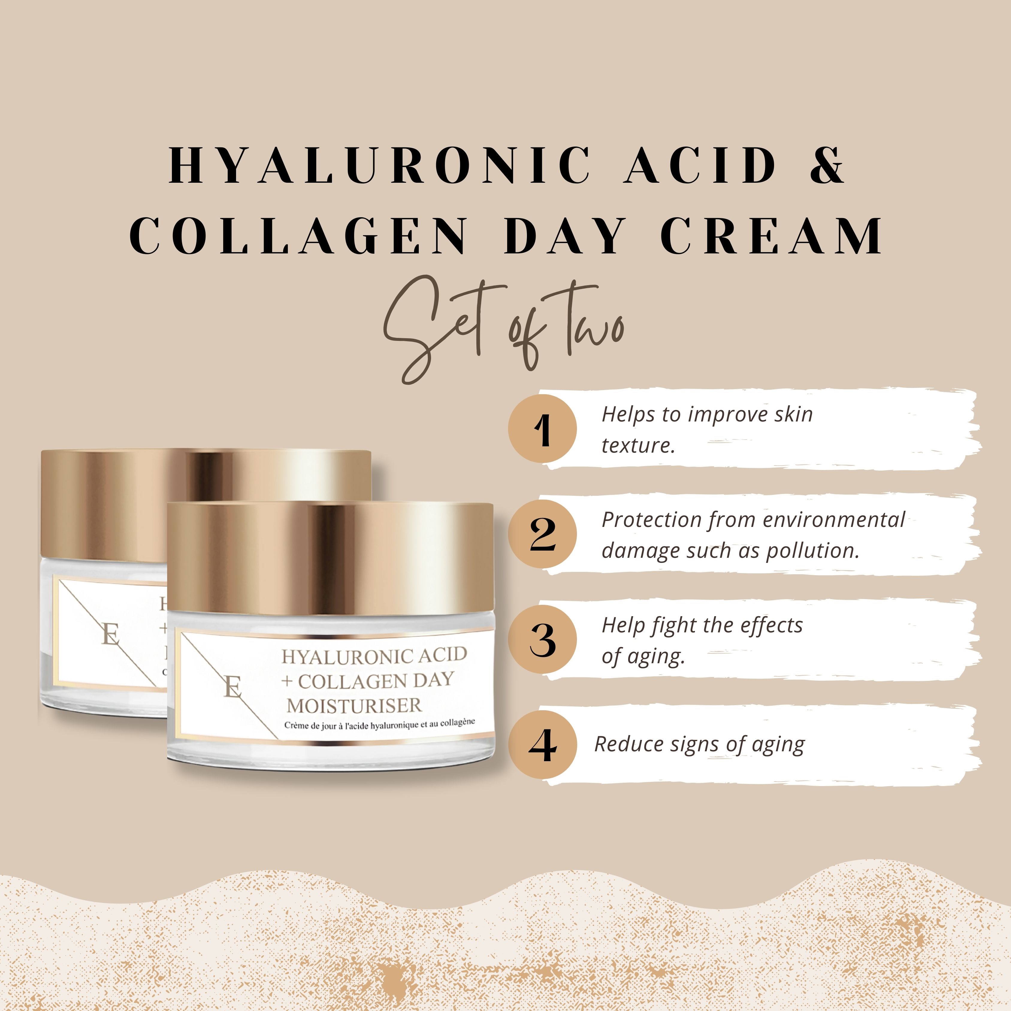 Drei Tiegel Tagescreme mit goldfarbenen Deckeln. Text: Hyaluronsäure & Collagen Day Cream. Set of Two. Vorteile.