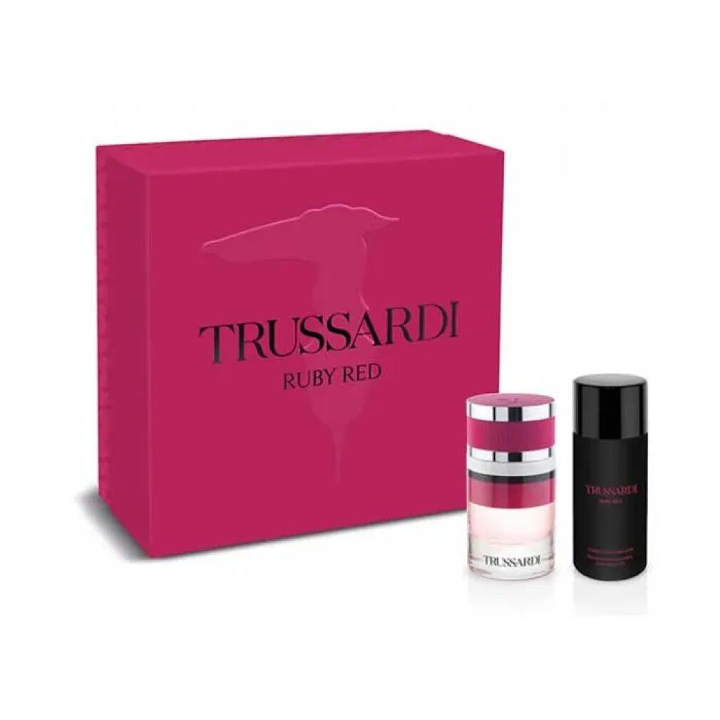 Geschenkset mit Box, Flakon und Deodorant. Box mit Logo und Schriftzug. Flakon mit rosa Streifen. Deodorant schwarz.