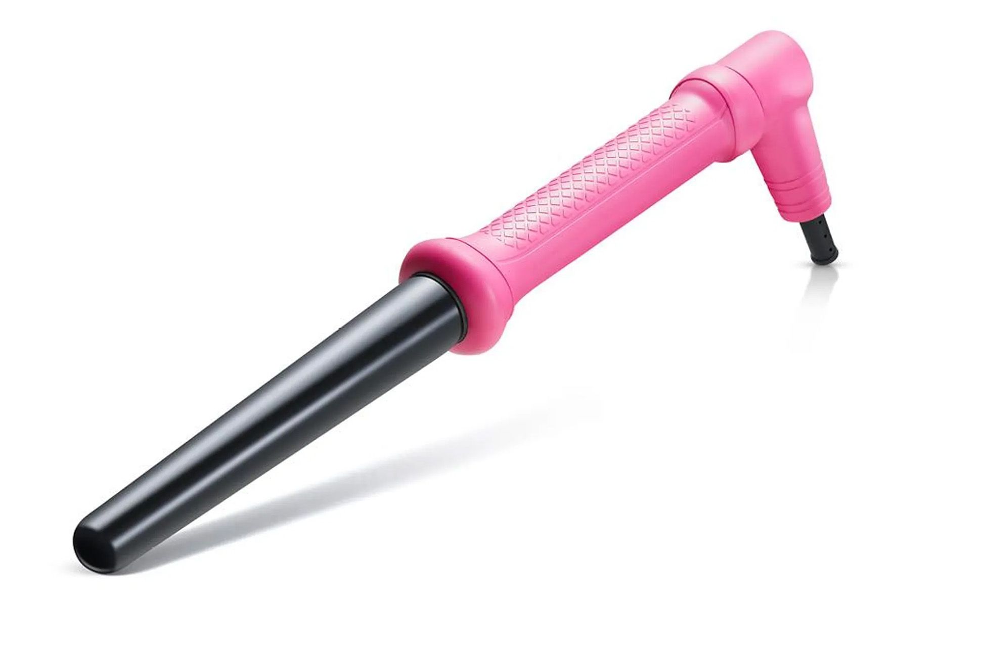 Lockenstab mit pinkfarbenem Griff und schwarzem Stab. Der Stab verjüngt sich. Schwarzes Kabel am Griff.