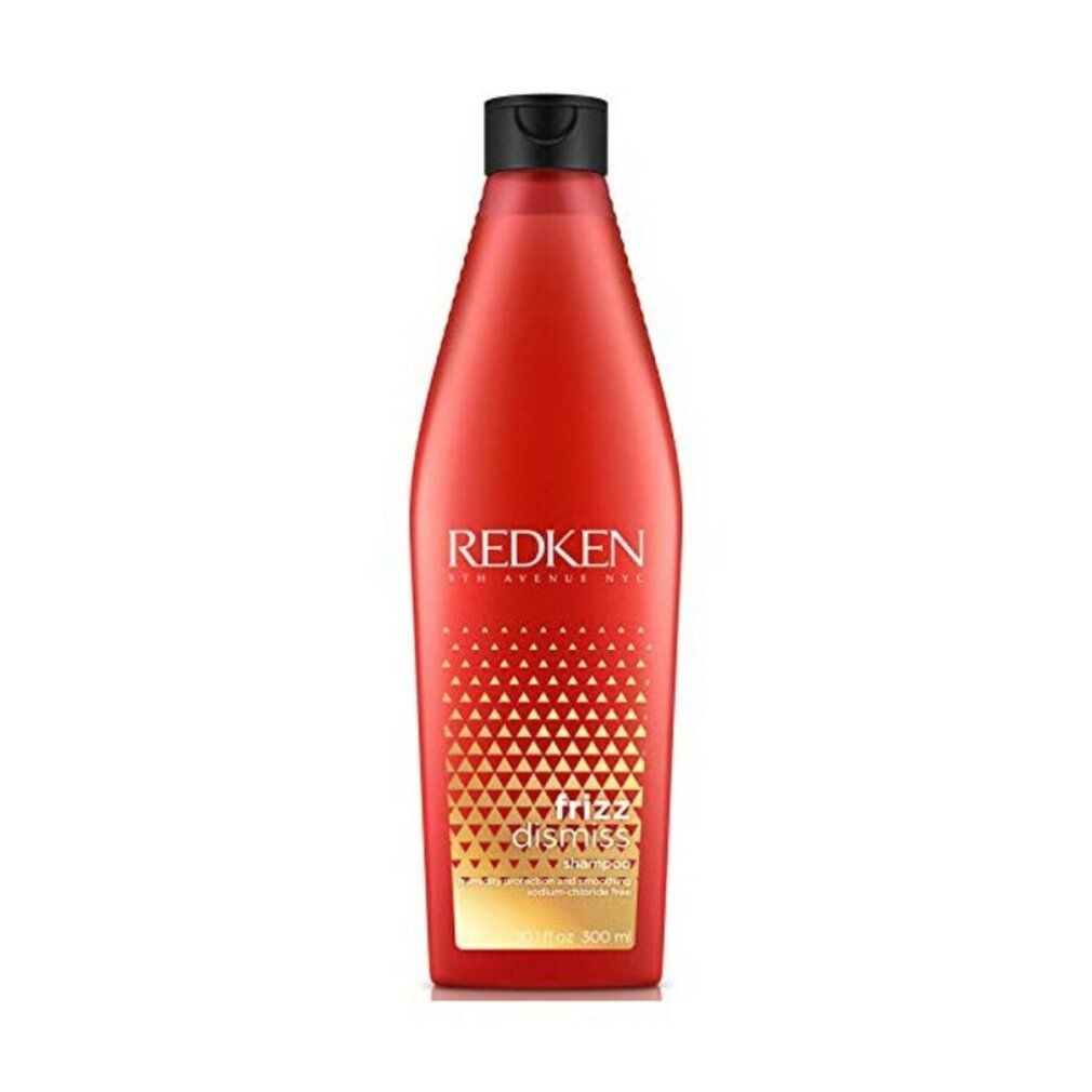 Rote Flasche mit schwarzem Deckel. Aufschrift: Redken, Frizz Dismiss, 300 ml.
