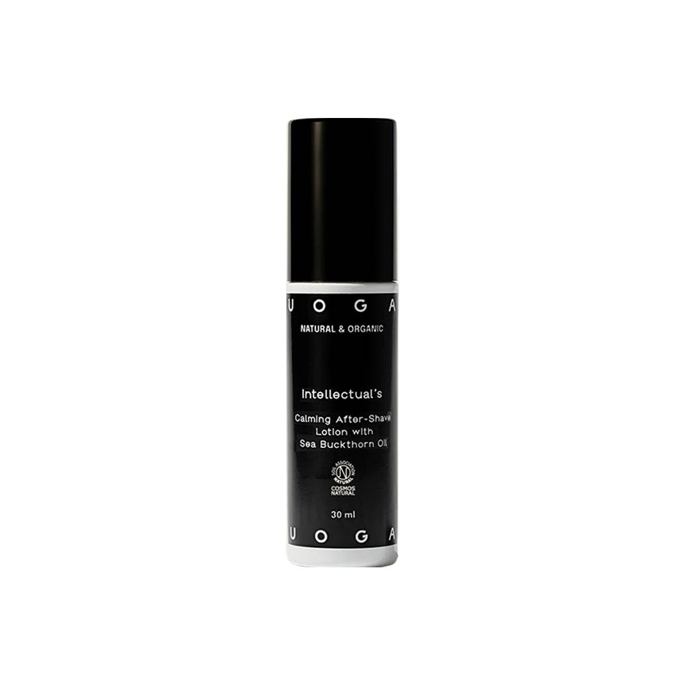 Schwarze Flasche mit schwarzem Deckel. Aufschrift: Intellectual's Calming After-Shave Lotion. 30 ml. Uoga Uoga Logo.