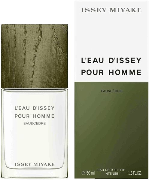 Glasflakon und Verpackung. Aufschrift: L'EAU D'ISSEY POUR HOMME, EAU&CÈDRE, ISSEY MIYAKE. EAU DE TOILETTE INTENSE, 50 ml, 1.6 FL.OZ.