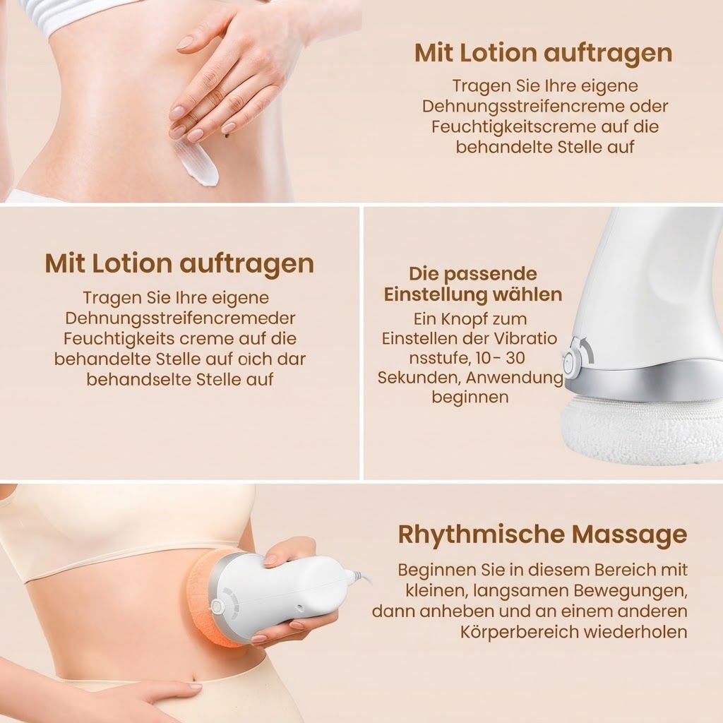 Elektrisches Massagegerät mit rotierendem Kopf und austauschbaren Aufsätzen.