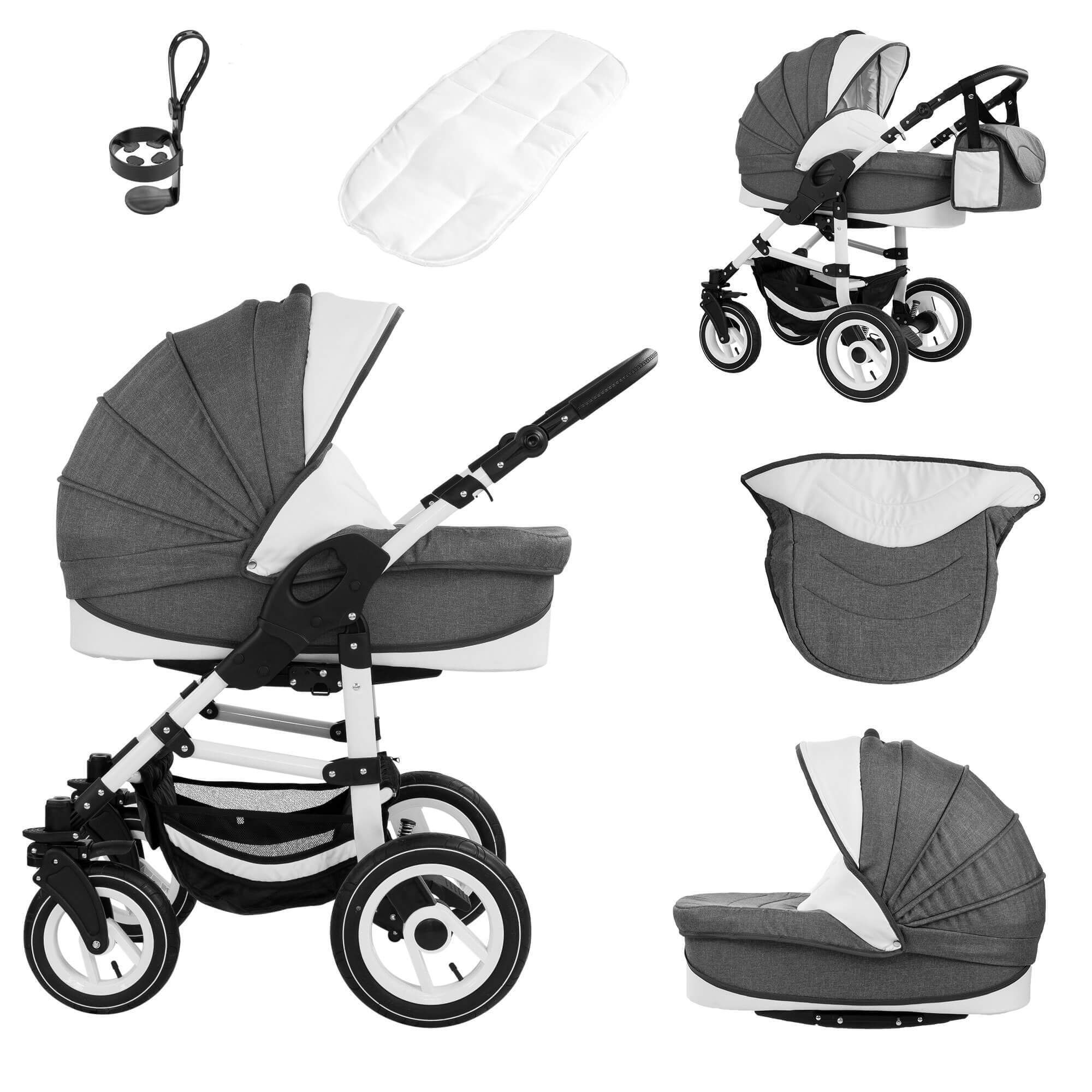 Bebebi Florenz 4 in 1 Kinderwagen Komplettset ISOFIX Basis Luftreifen, Marco Darkgrey White