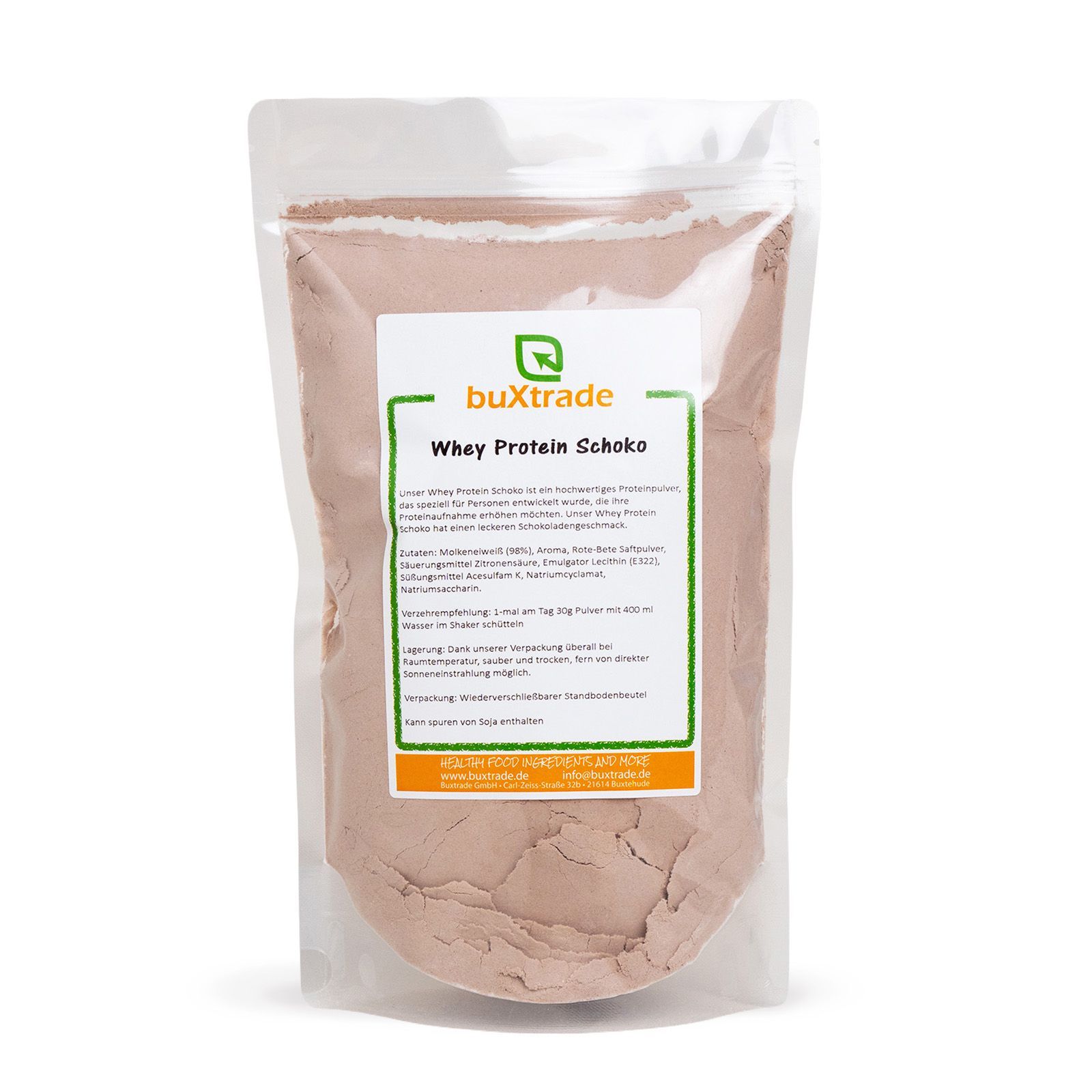 Beutel mit Produktaufdruck. Aufdruck: buXtrade Whey Protein Schoko. Beutel ist transparent.