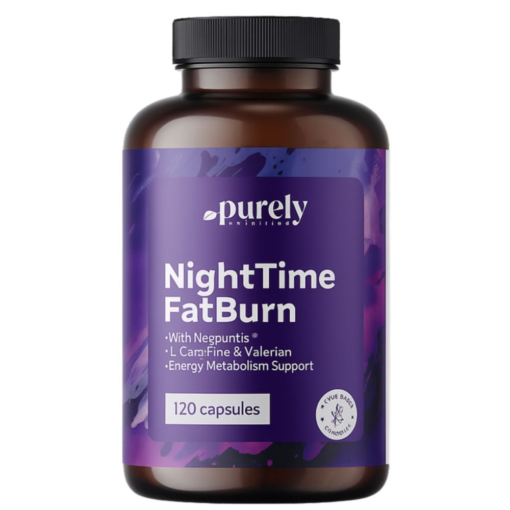 Braune Flasche mit schwarzem Deckel. Aufschrift: NightTime FatBurn, 120 Kapseln. Lila Etikett mit weißen Buchstaben.