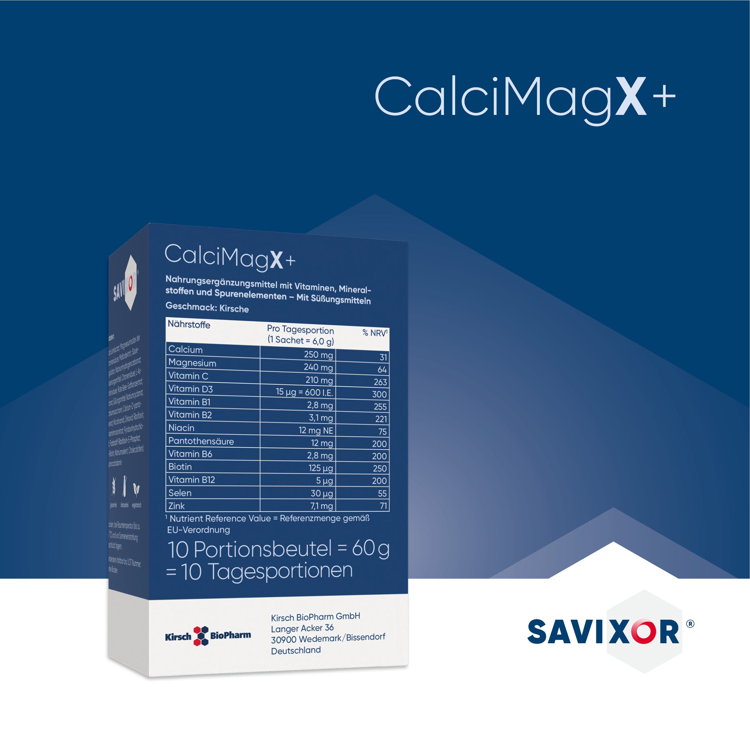 Karton mit CalciMagX+ Pulver. Enthält Nährwerttabelle mit Vitaminen und Mineralstoffen. Savixor Logo.